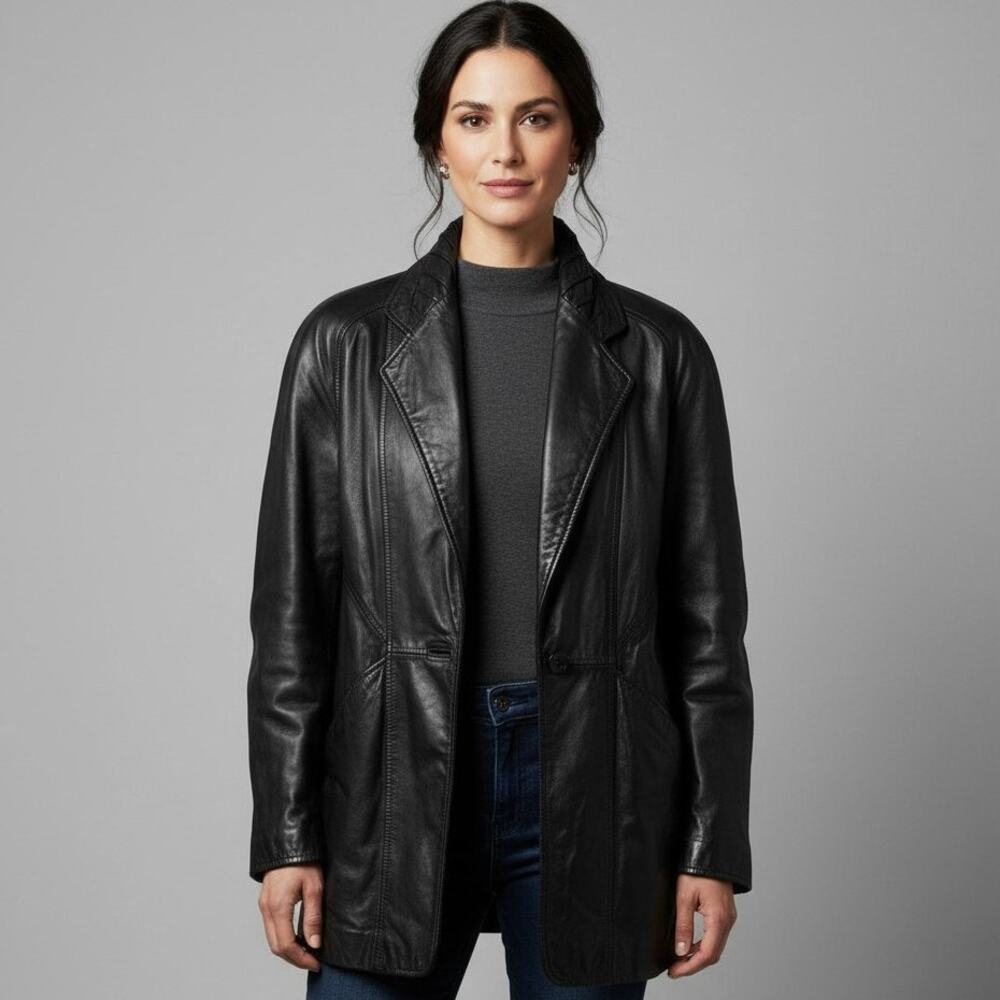 VTG G3 G-III Black Mid Length Designer Womens Medium Collar Leather Jacket 80s